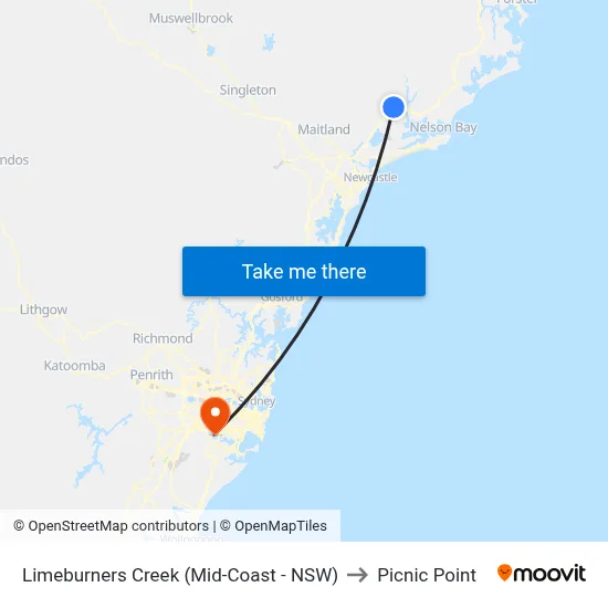 Limeburners Creek (Mid-Coast - NSW) to Picnic Point map