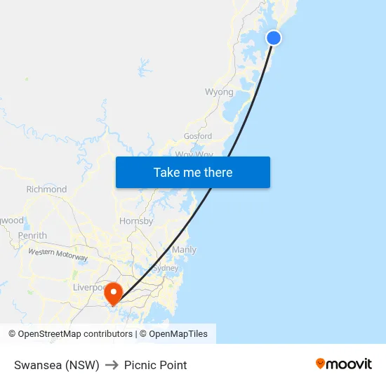 Swansea (NSW) to Picnic Point map