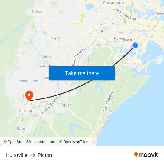 Hurstville to Picton map