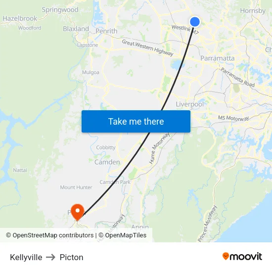 Kellyville to Picton map