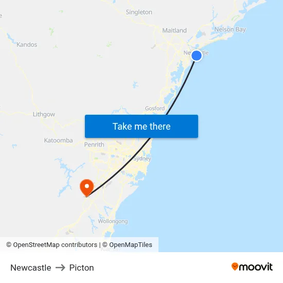 Newcastle to Picton map