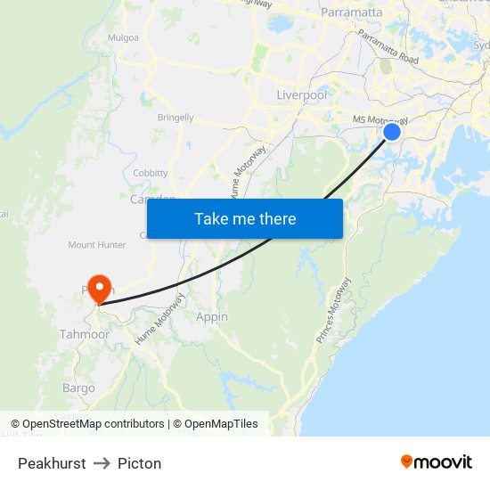 Peakhurst to Picton map