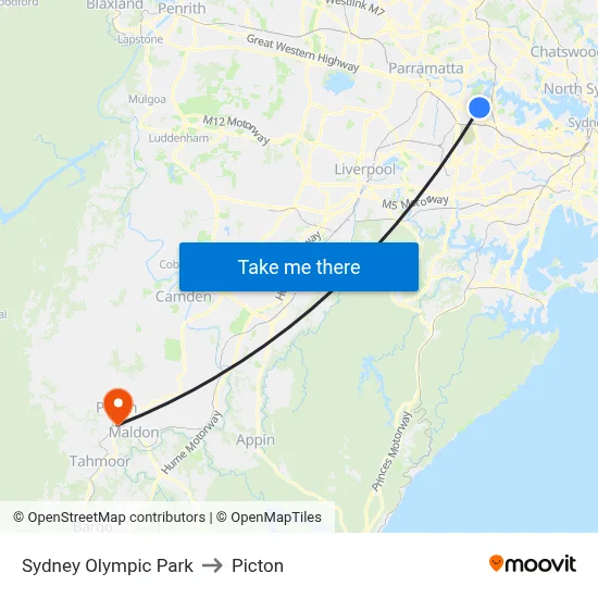 Sydney Olympic Park to Picton map