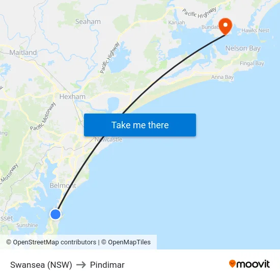 Swansea (NSW) to Pindimar map