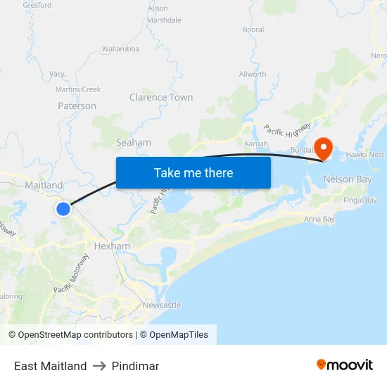 East Maitland to Pindimar map