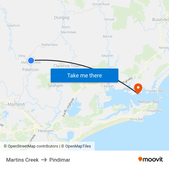 Martins Creek to Pindimar map