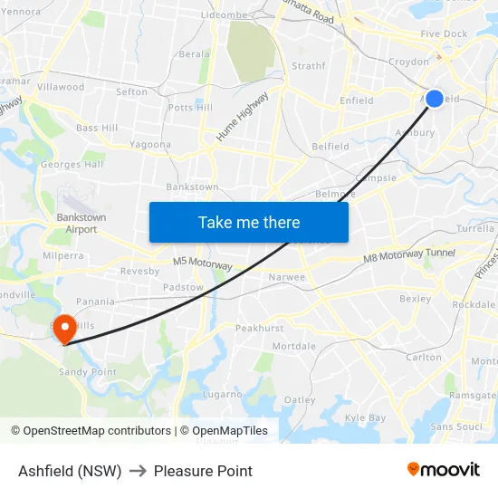Ashfield (NSW) to Pleasure Point map