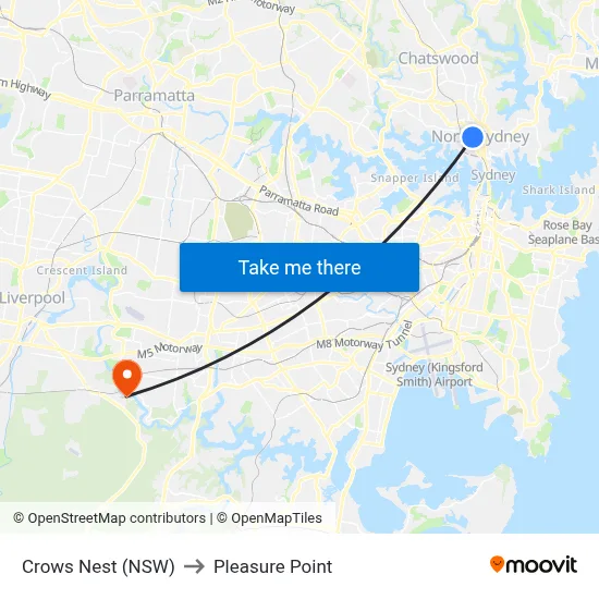 Crows Nest (NSW) to Pleasure Point map