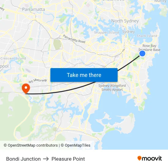 Bondi Junction to Pleasure Point map