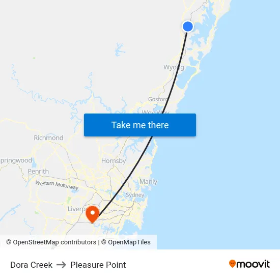 Dora Creek to Pleasure Point map