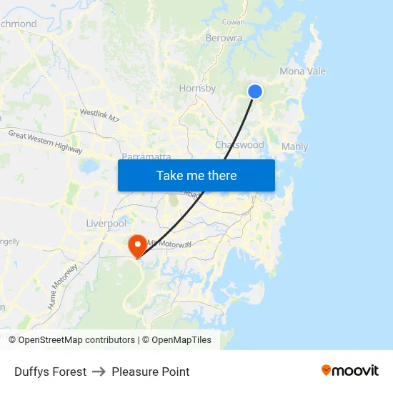 Duffys Forest to Pleasure Point map