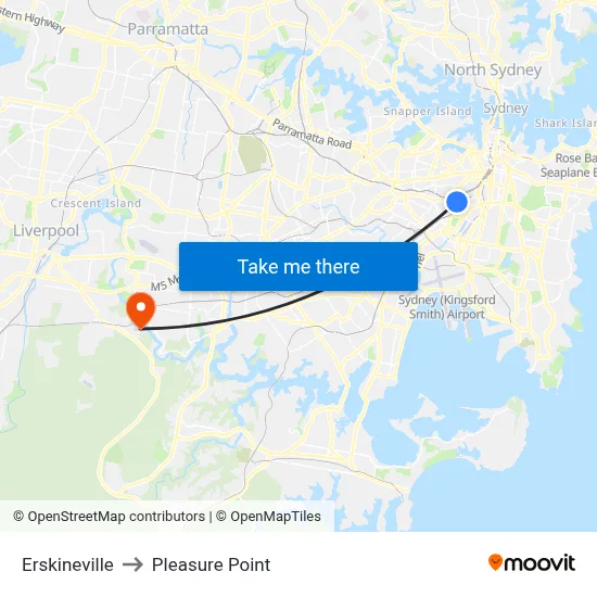 Erskineville to Pleasure Point map