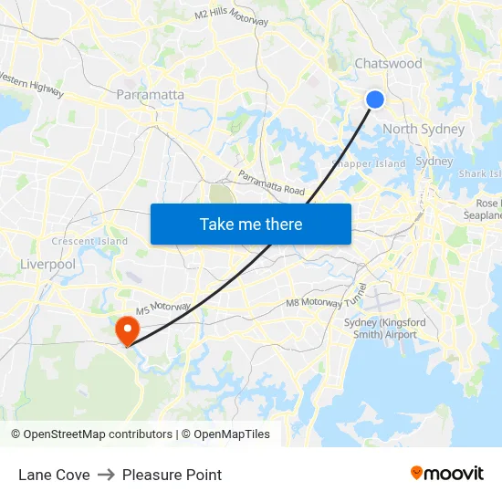 Lane Cove to Pleasure Point map