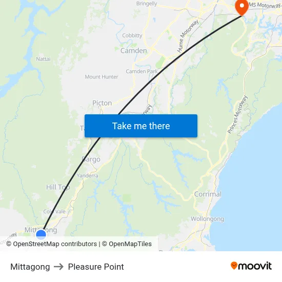 Mittagong to Pleasure Point map