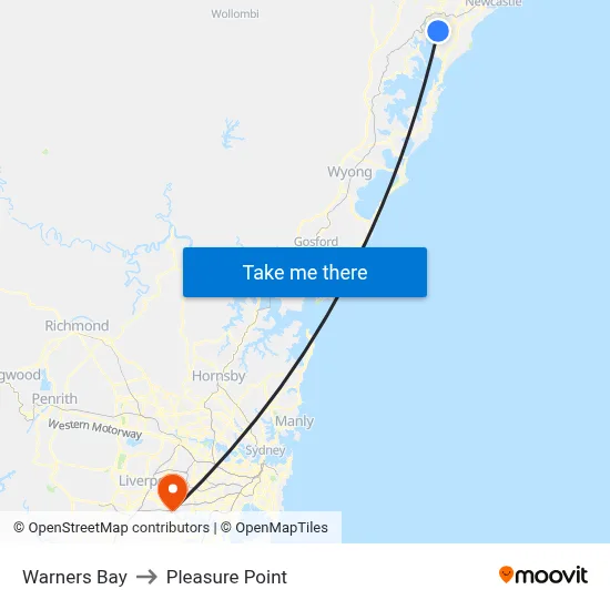 Warners Bay to Pleasure Point map