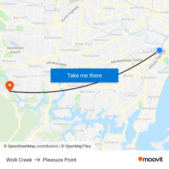 Wolli Creek to Pleasure Point map
