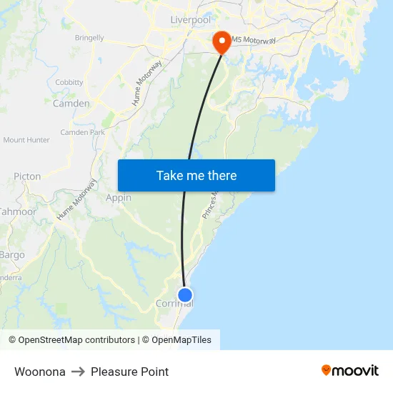 Woonona to Pleasure Point map
