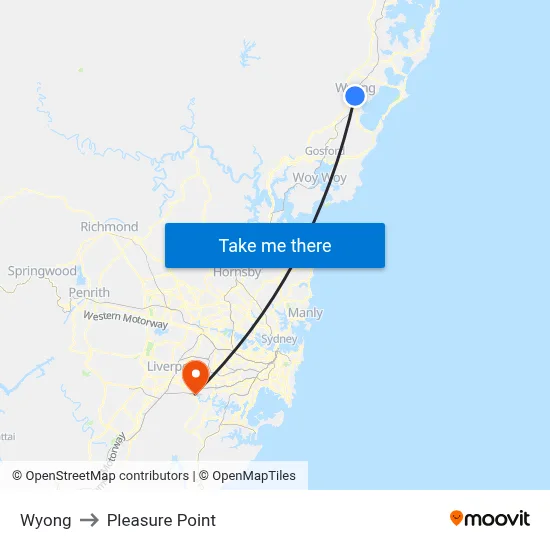 Wyong to Pleasure Point map
