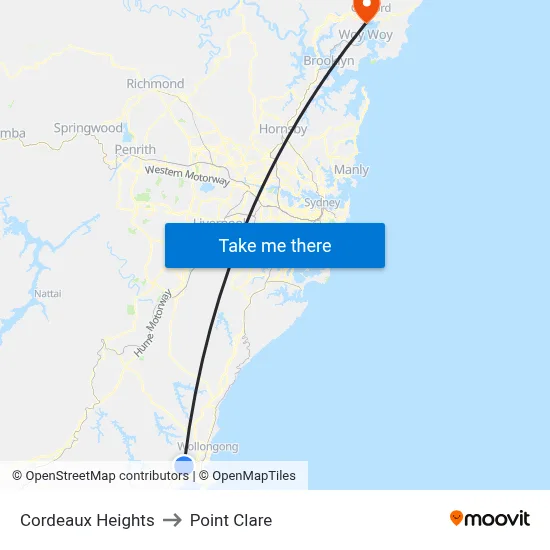 Cordeaux Heights to Point Clare map