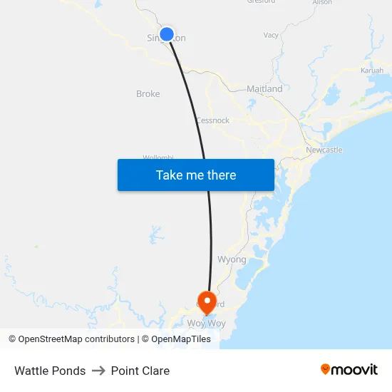 Wattle Ponds to Point Clare map