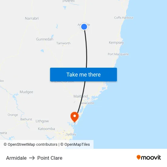 Armidale to Point Clare map