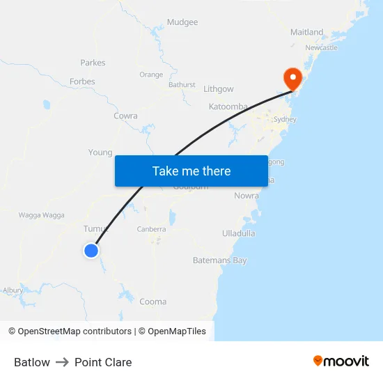 Batlow to Point Clare map