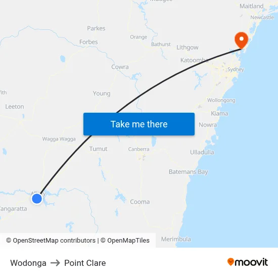 Wodonga to Point Clare map