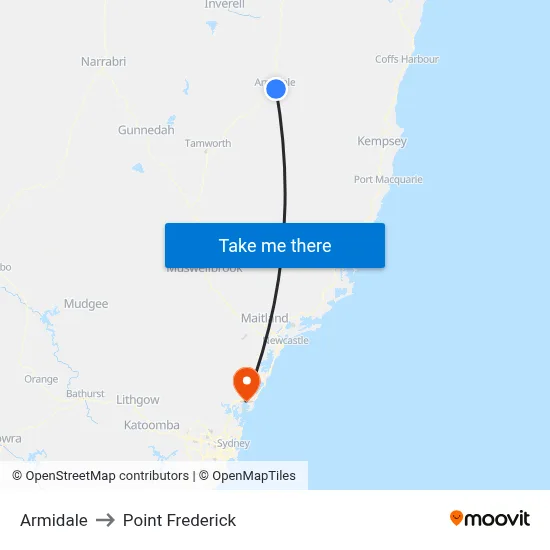 Armidale to Point Frederick map
