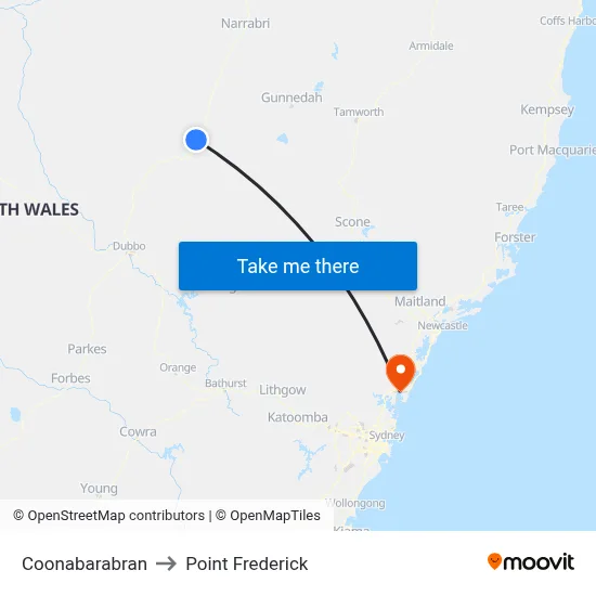 Coonabarabran to Point Frederick map