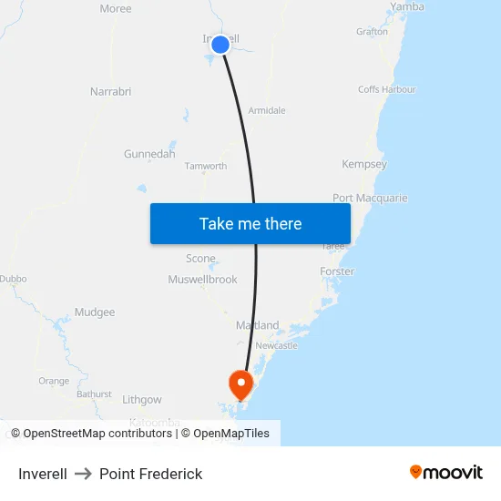 Inverell to Point Frederick map