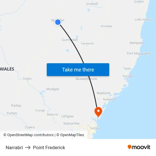 Narrabri to Point Frederick map