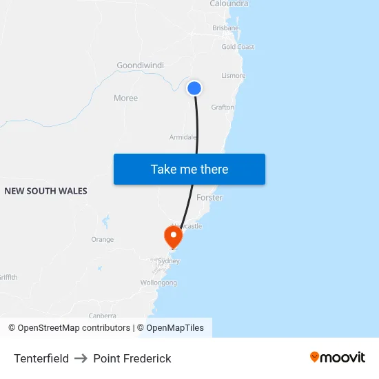 Tenterfield to Point Frederick map