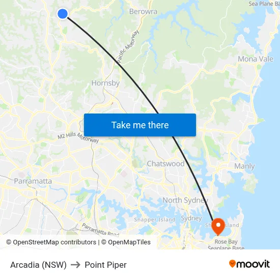 Arcadia (NSW) to Point Piper map