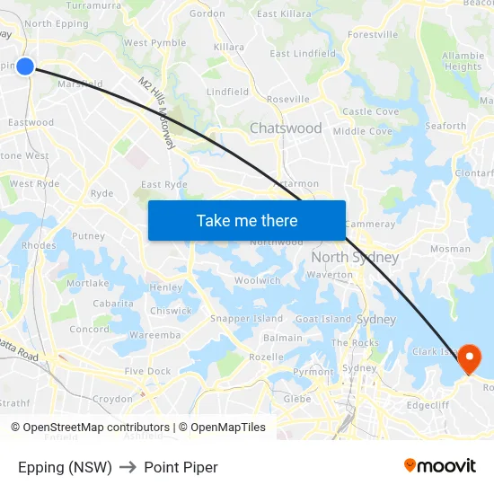 Epping (NSW) to Point Piper map