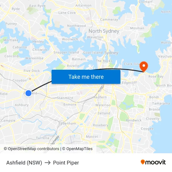 Ashfield (NSW) to Point Piper map