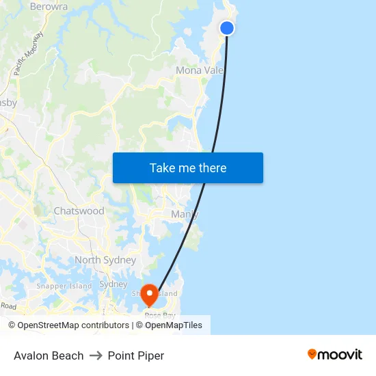 Avalon Beach to Point Piper map