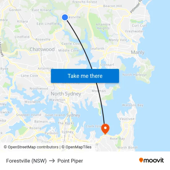 Forestville (NSW) to Point Piper map