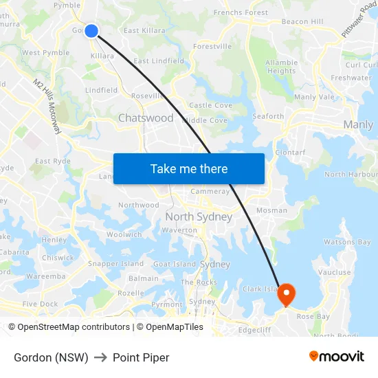 Gordon (NSW) to Point Piper map