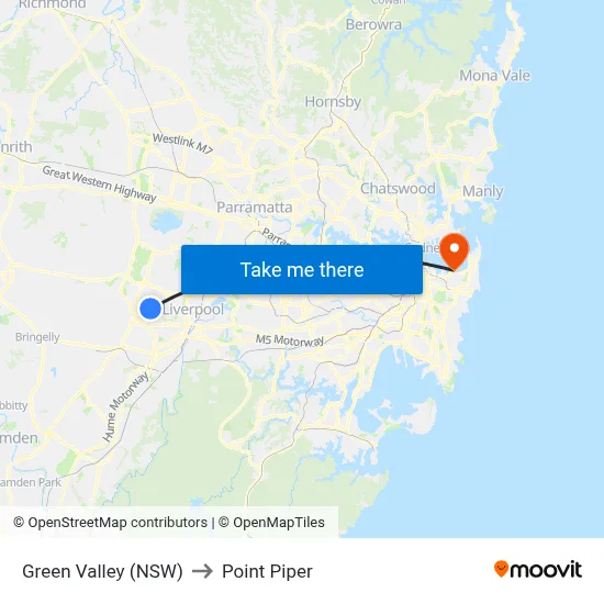 Green Valley (NSW) to Point Piper map
