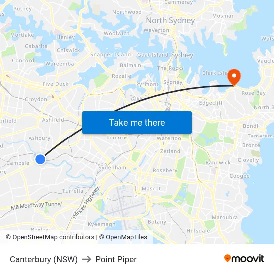 Canterbury (NSW) to Point Piper map