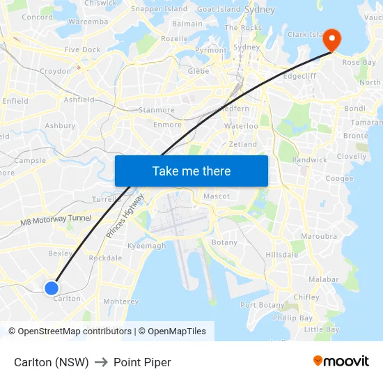 Carlton (NSW) to Point Piper map