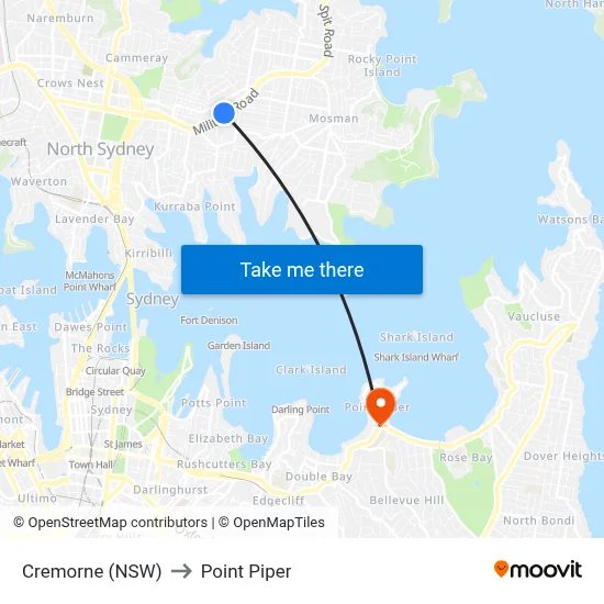 Cremorne (NSW) to Point Piper map