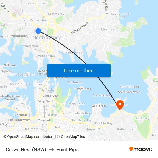 Crows Nest (NSW) to Point Piper map
