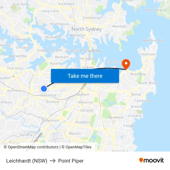 Leichhardt (NSW) to Point Piper map