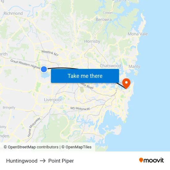 Huntingwood to Point Piper map