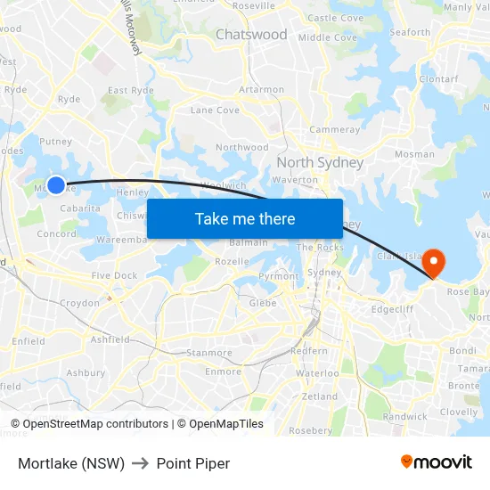 Mortlake (NSW) to Point Piper map