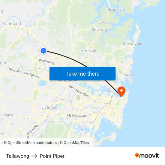 Tallawong to Point Piper map