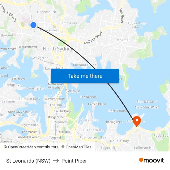 St Leonards (NSW) to Point Piper map