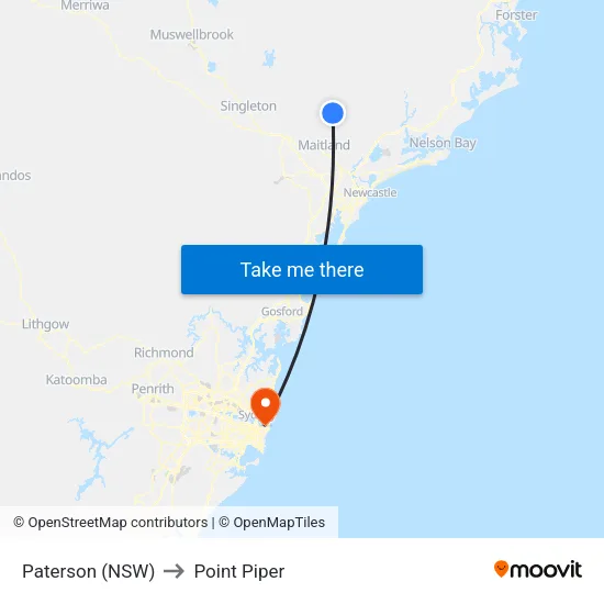 Paterson (NSW) to Point Piper map