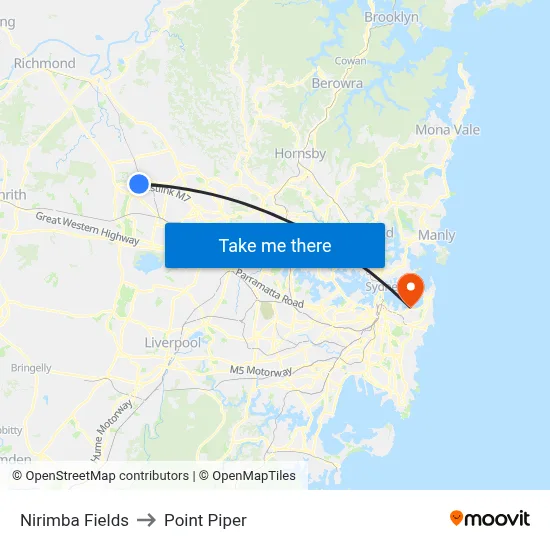 Nirimba Fields to Point Piper map